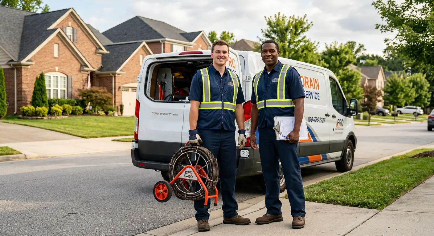 Sewer and drain service team with equipment ready for work in Somers