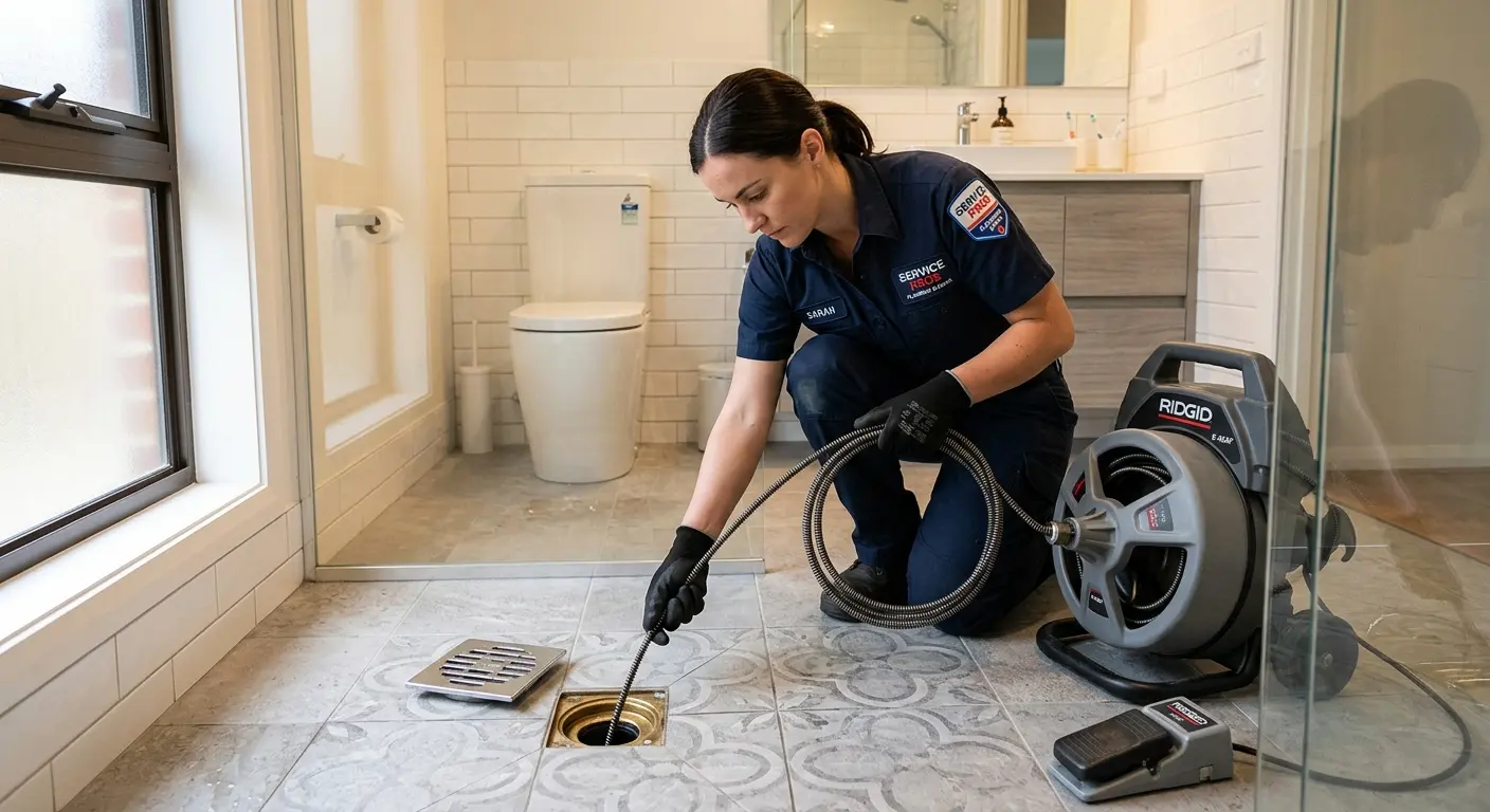 Technician clearing a bathroom floor drain for Drain Repair in Somers